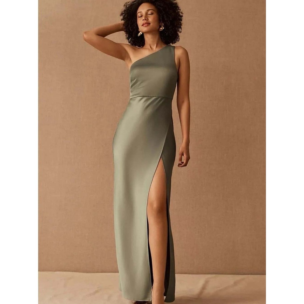 BHLDN Dylan Dress Womens 8 Moss One Shoulder Satin Maxi Gown NEW